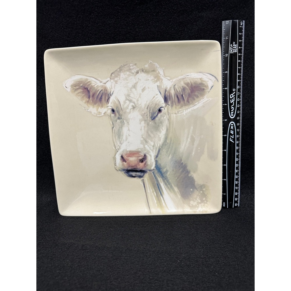 White Charolais Cow Creative Co Op 11" Square Stoneware Plate Farm Animal Design - Picture 2 of 7